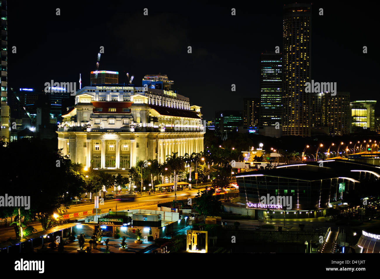 Fullerton Hotel Views,Marina Bay, Marina Bay Sands Hotel & Casino,Light Show,Upmarket Shopping Mall,Business District,Singapore Stock Photo