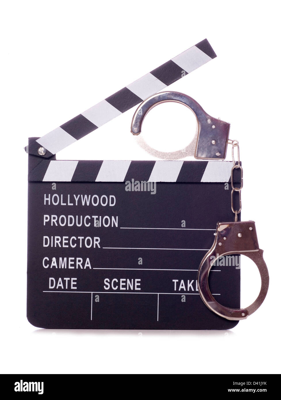 hand cuffs with a movie board clapper Stock Photo