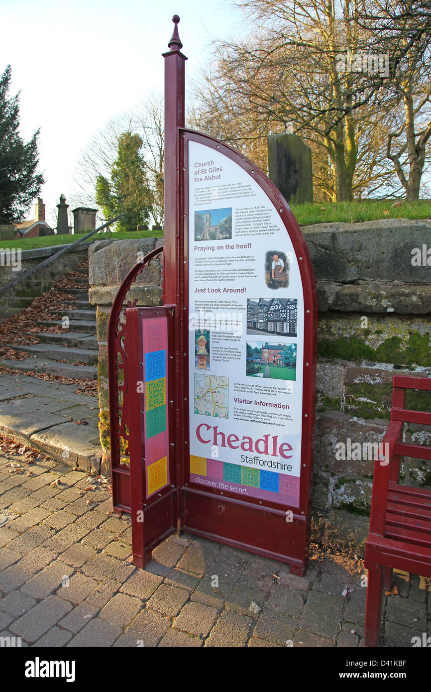 An information board outside St Giles the Abbot parish church in Cheadle Staffs Staffordshire England UK Stock Photo