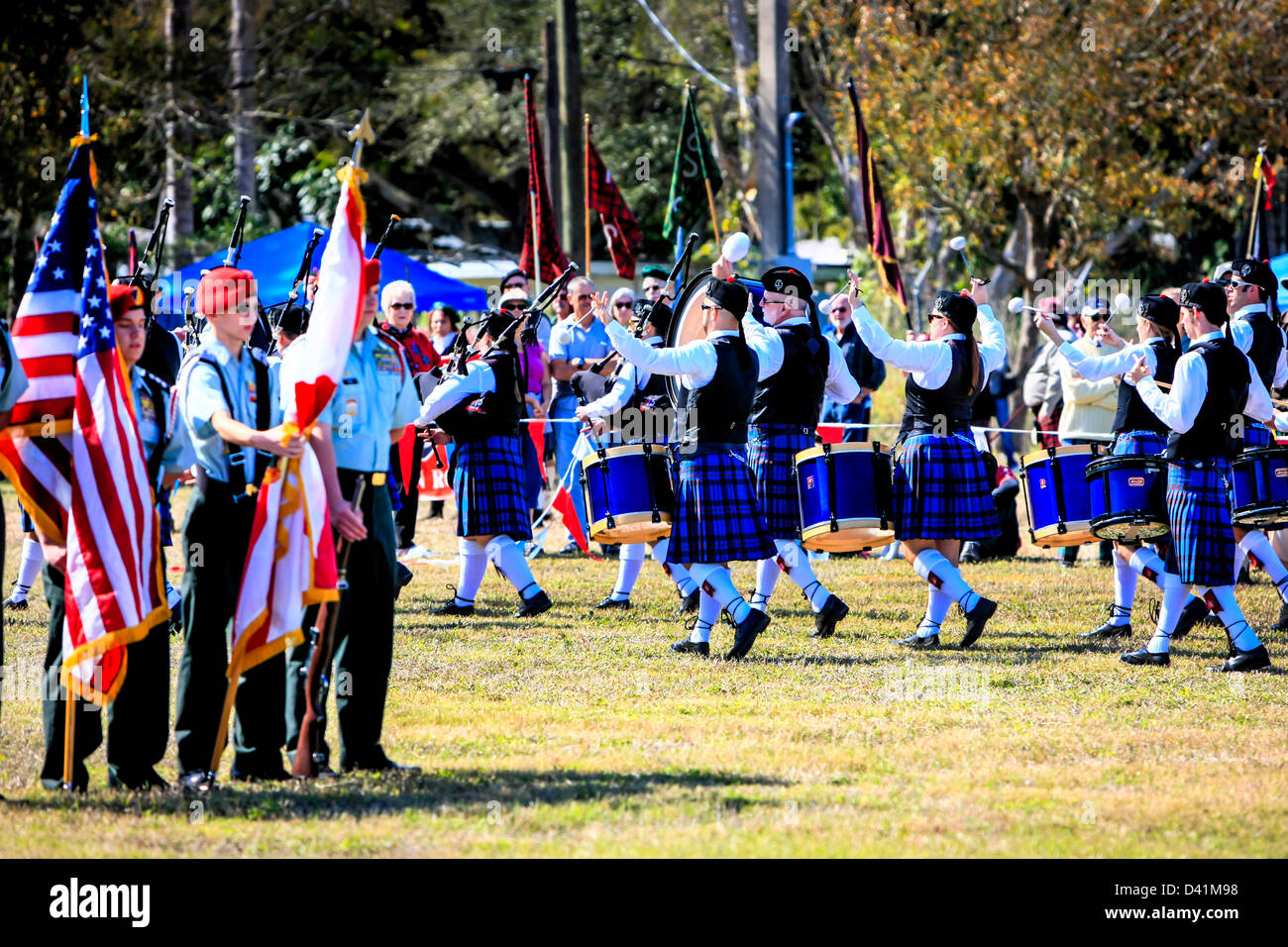 AmericanScottish bagpipe Bandsmen & women march around the arena at
