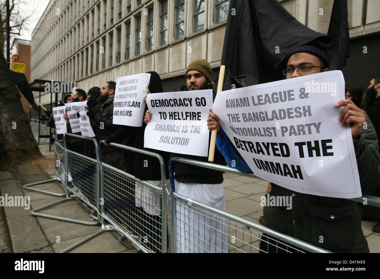 London, UK. 1st March 2013. Extremist Islamic protest group led by cleric Anjem Choudry demonstrate against Bangladesh outside the Bangladeshi embassy. They are angry at the call for arrests of muslim leaders who have sided with Pakistan, and the oppression of muslims by the government. 01/03/2013 , London, United Kingdom  Credit:  Mario Mitsis / Alamy Live News Stock Photo