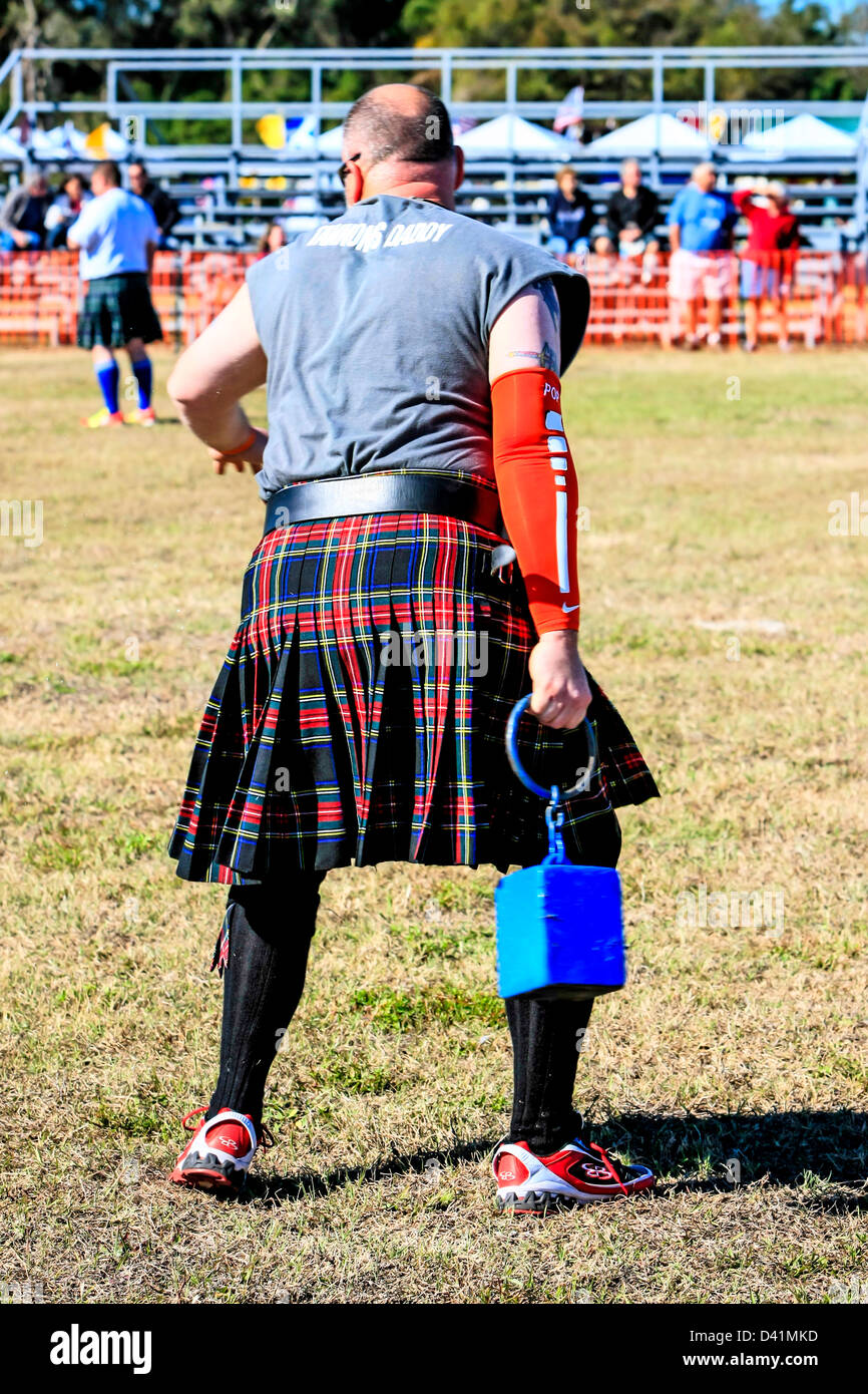 At the Sarasota Highland Games Florida, a competitor prepares to weight throw Stock Photo