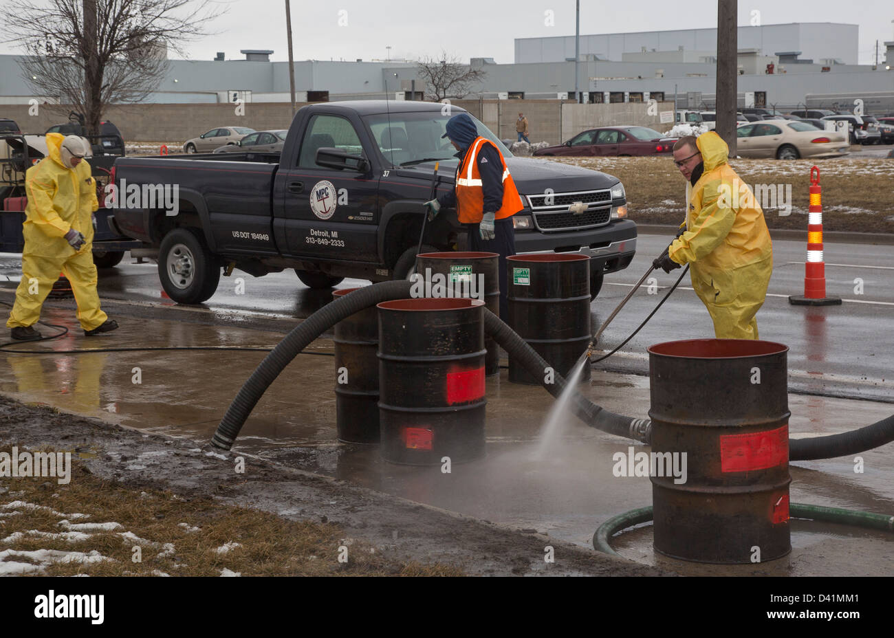 Warren, Michigan Workers clean up a hazardous material spill on the