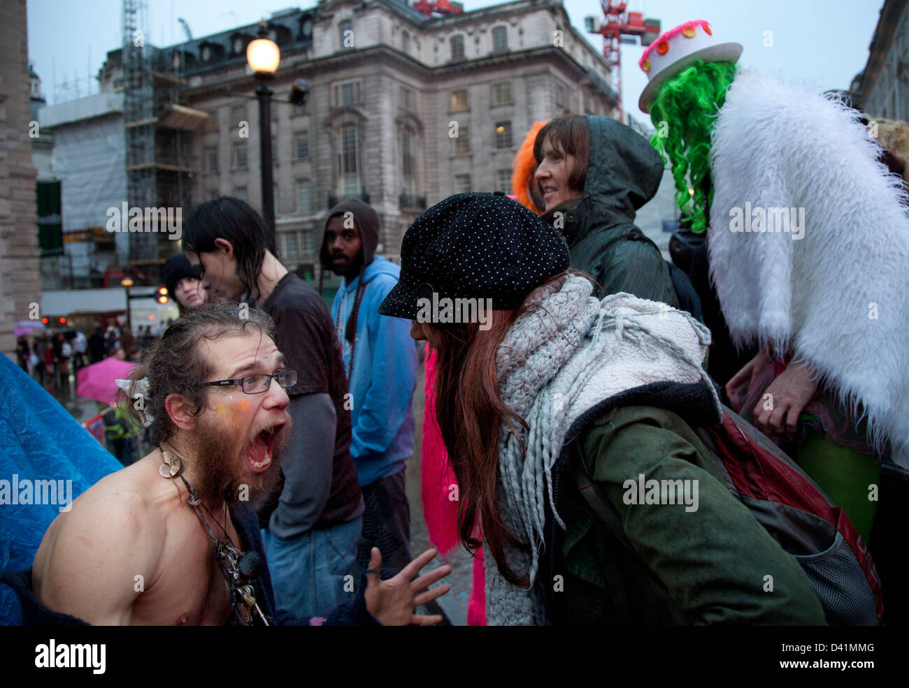 Outdoor rave in the rain in London, UK. Some of the people there were