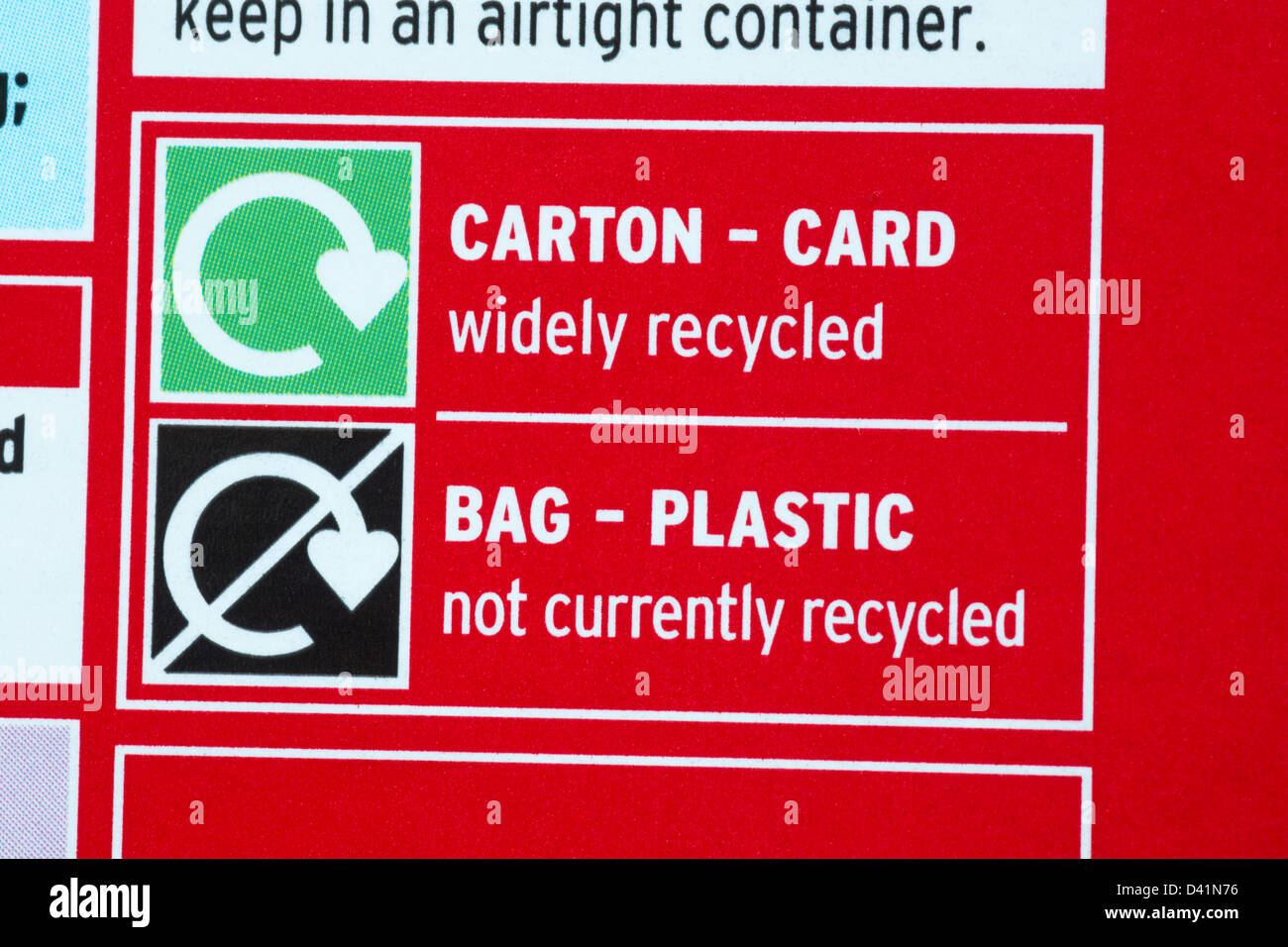 recycling information on box - carton card widely recycled bag plastic not currently recycled - disposal recycling recycle logo symbol Stock Photo