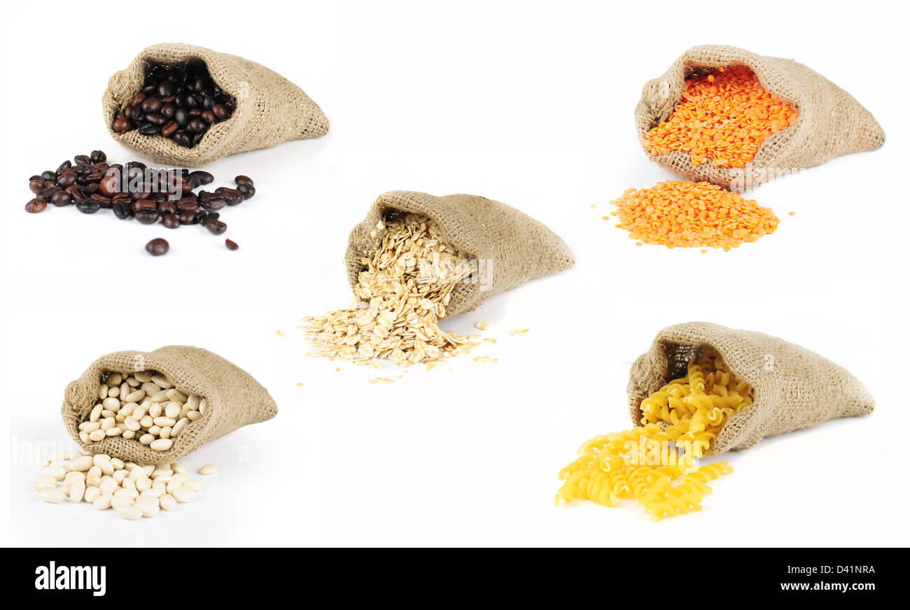 Selection of grains scattered from burlap bags on white background Stock Photo