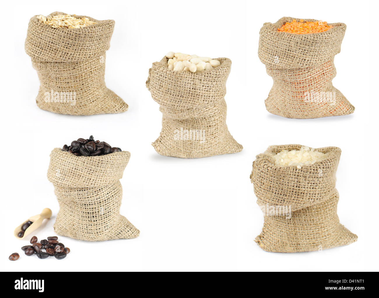 Selection of grains scattered from burlap bags on white background Stock Photo
