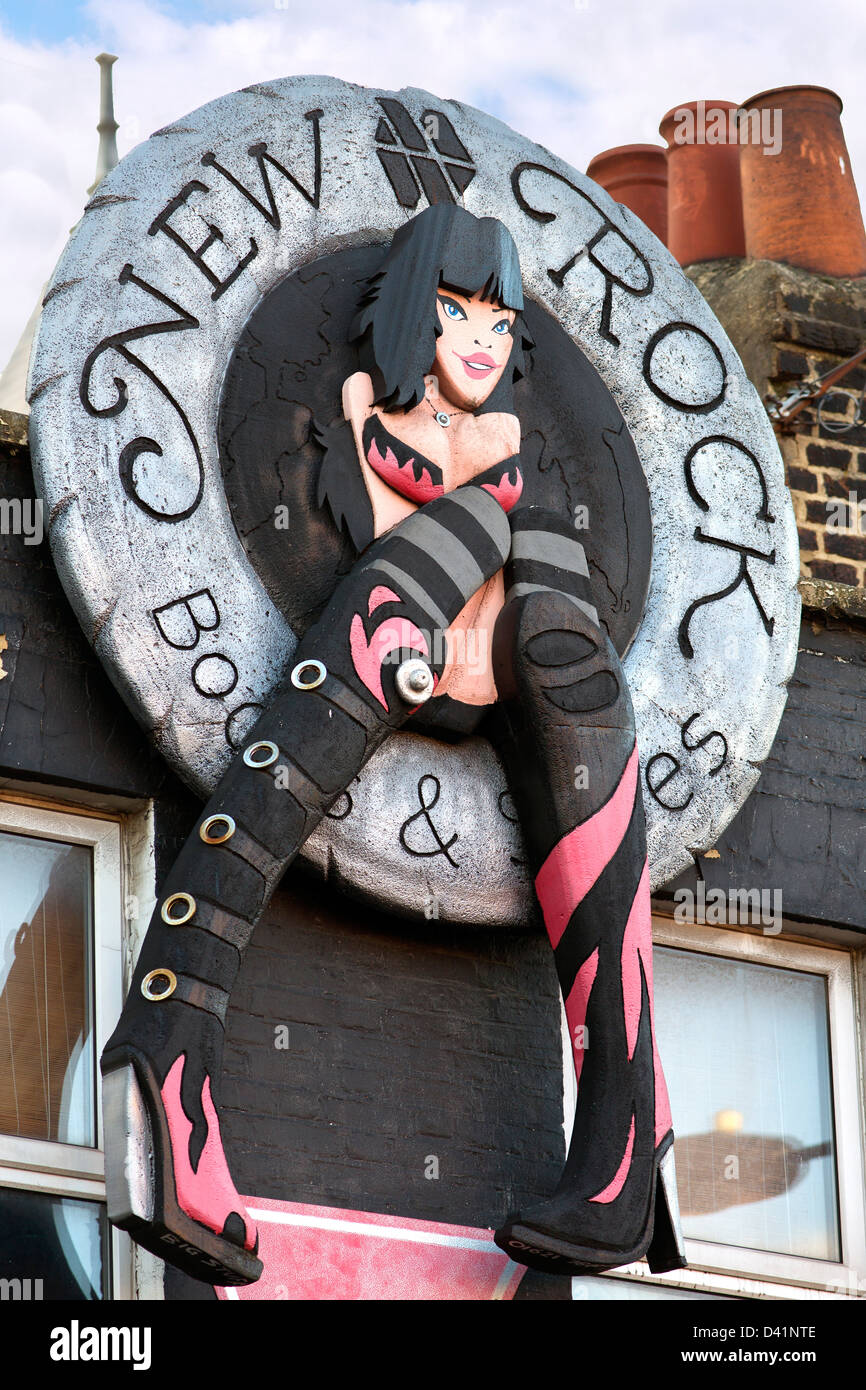 Camden Lock markets in Camden Town, London. The New Rock boots and shoe shop sign, Stock Photo