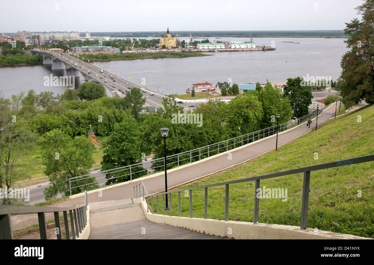 May view of bridge Kanavino and Cathedral Nevsky at Strelka Nizhny Novgorod Russia Stock Photo