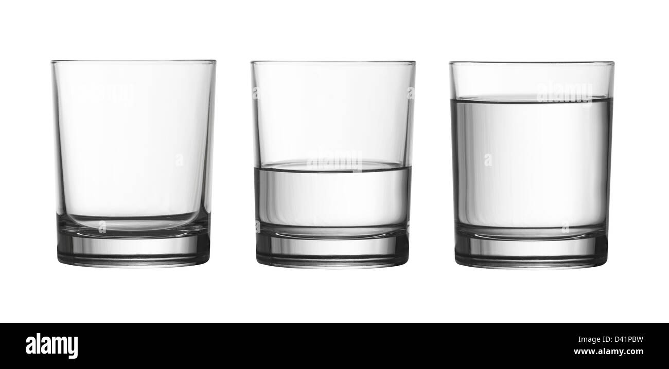 low empty, half and full of water glass isolated on white with clipping path included Stock Photo