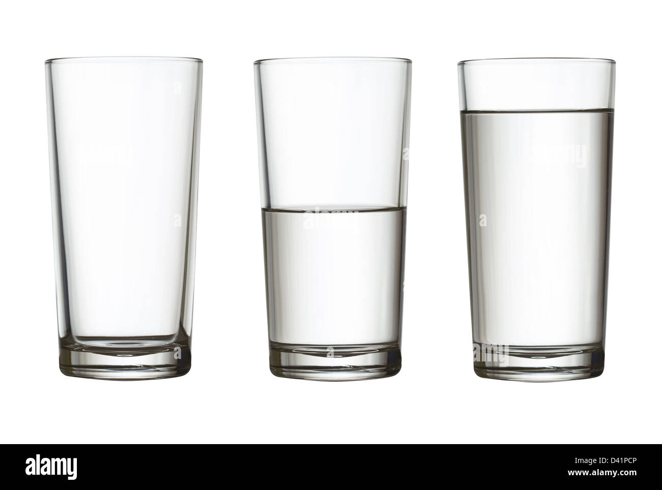 tall empty, half and full glass of water isolated on white with clipping path included Stock Photo