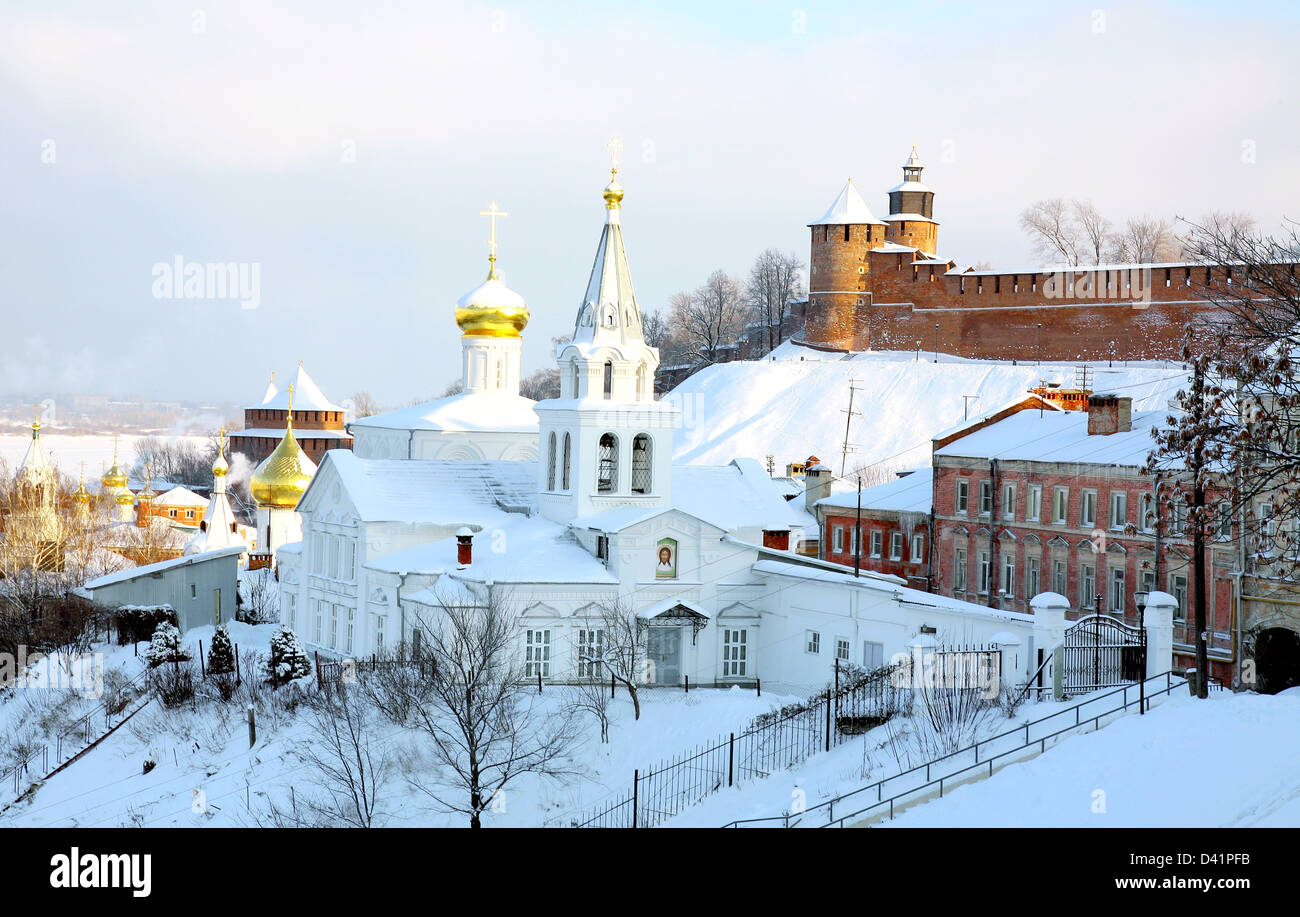 Panoramic January view Church Elijah Prophet and Kremlin Nizhny Novgorod Russia Stock Photo
