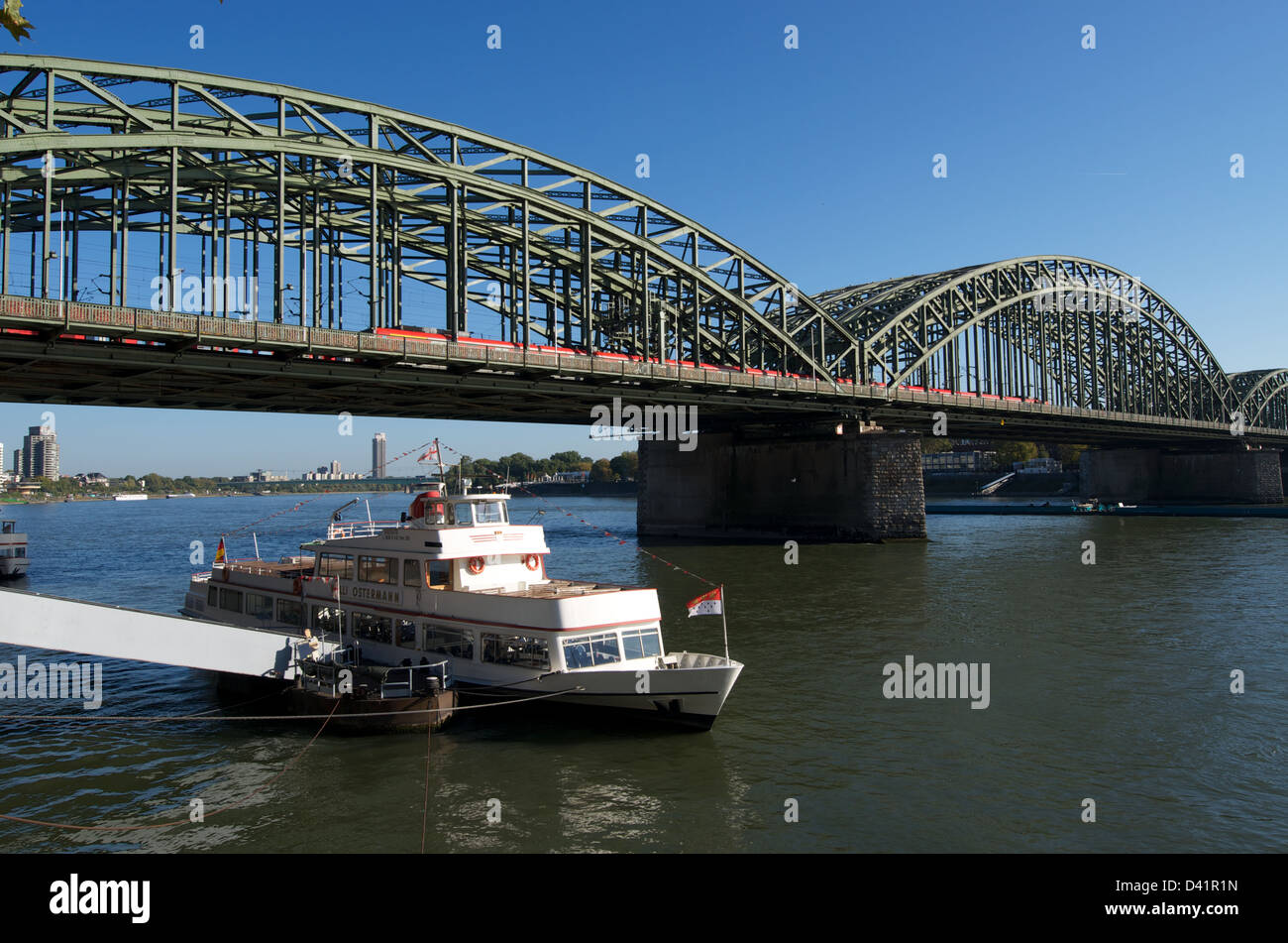 Cologne Railway Bridge from the west bank of the Rhine early morning Stock Photo