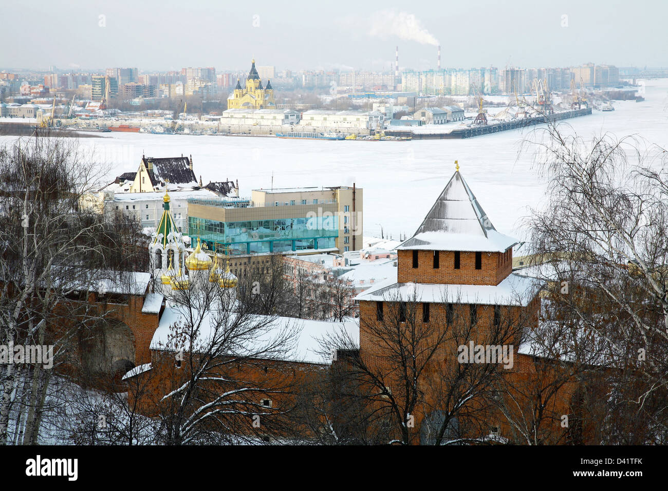 Winter view of Arrow (Strelka) from Nizhny Novgorod Kremlin, Russia. Stock Photo