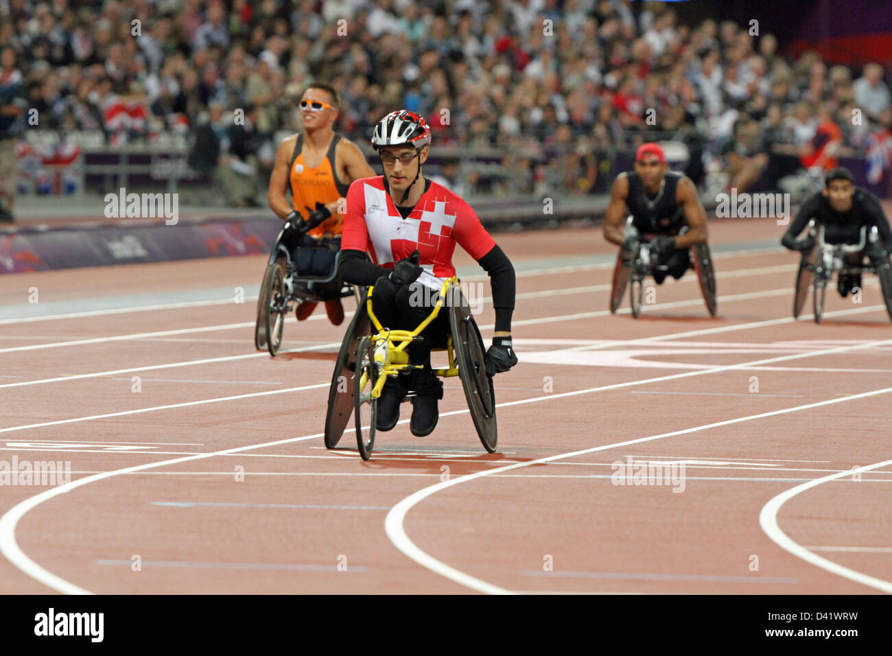 Bojan Mitic of Switzerland in the mens 200m - T34 in the Olympic stadium at the London 2012 Paralympic games. Stock Photo