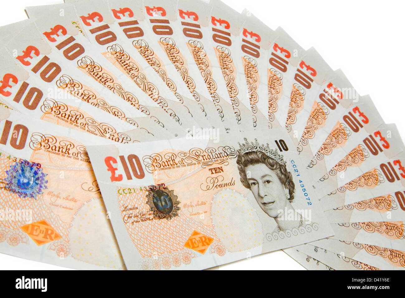 Selective focus on several ten pounds notes on white Stock Photo