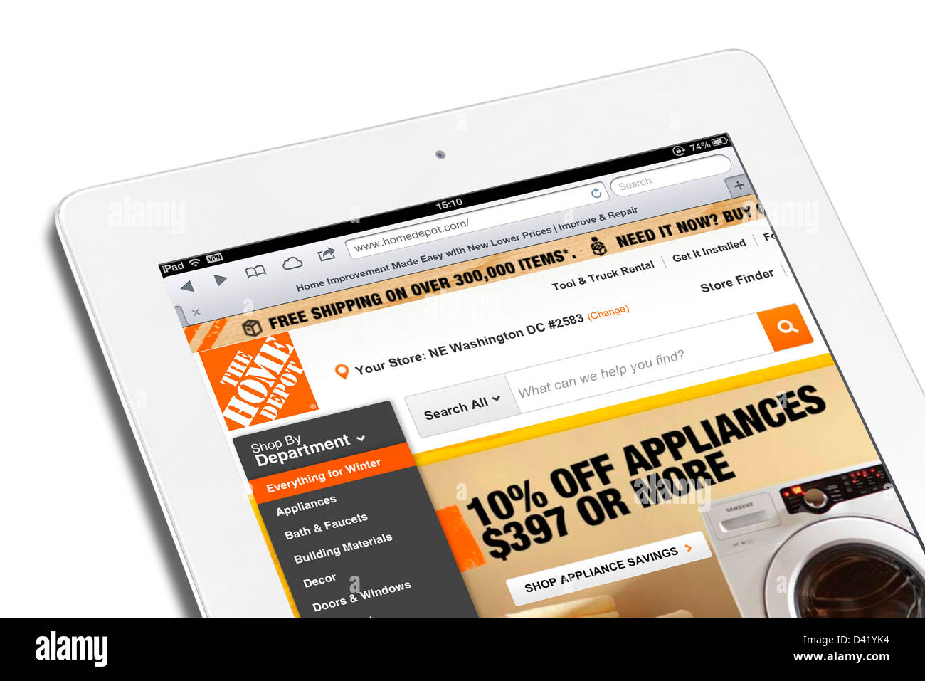 Online shopping website of The Home Depot, viewed on an iPad 4, USA