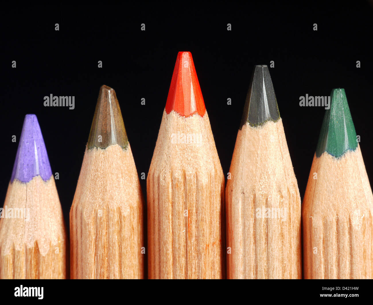 Closeup of row of colorful wooden crayons shot over black background Stock Photo