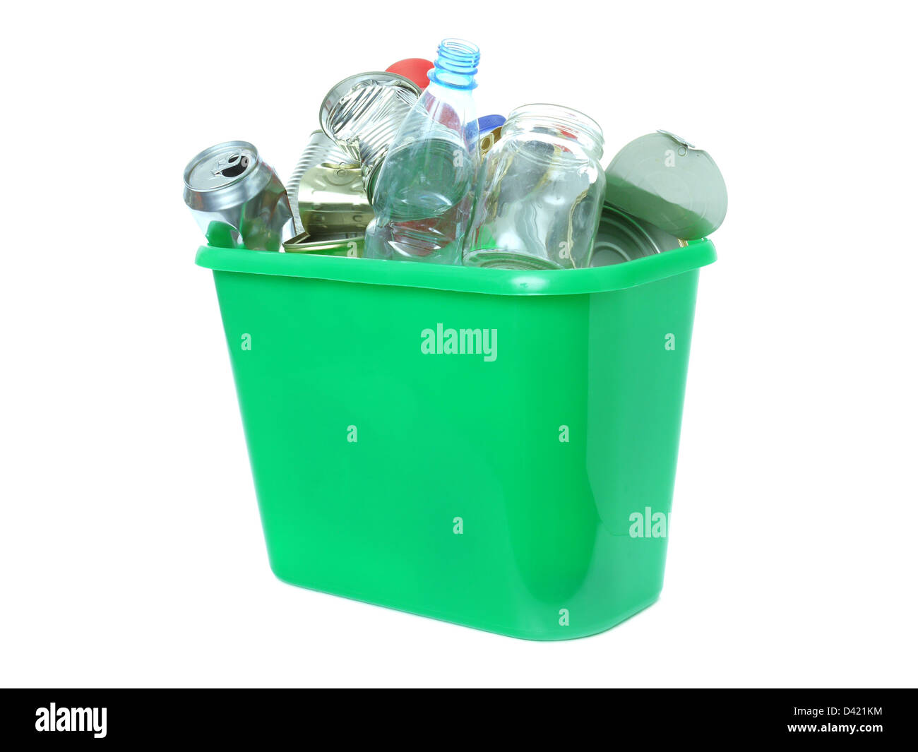 Green plastic trash bin filled with assorted domestic garbage - over white background Stock Photo