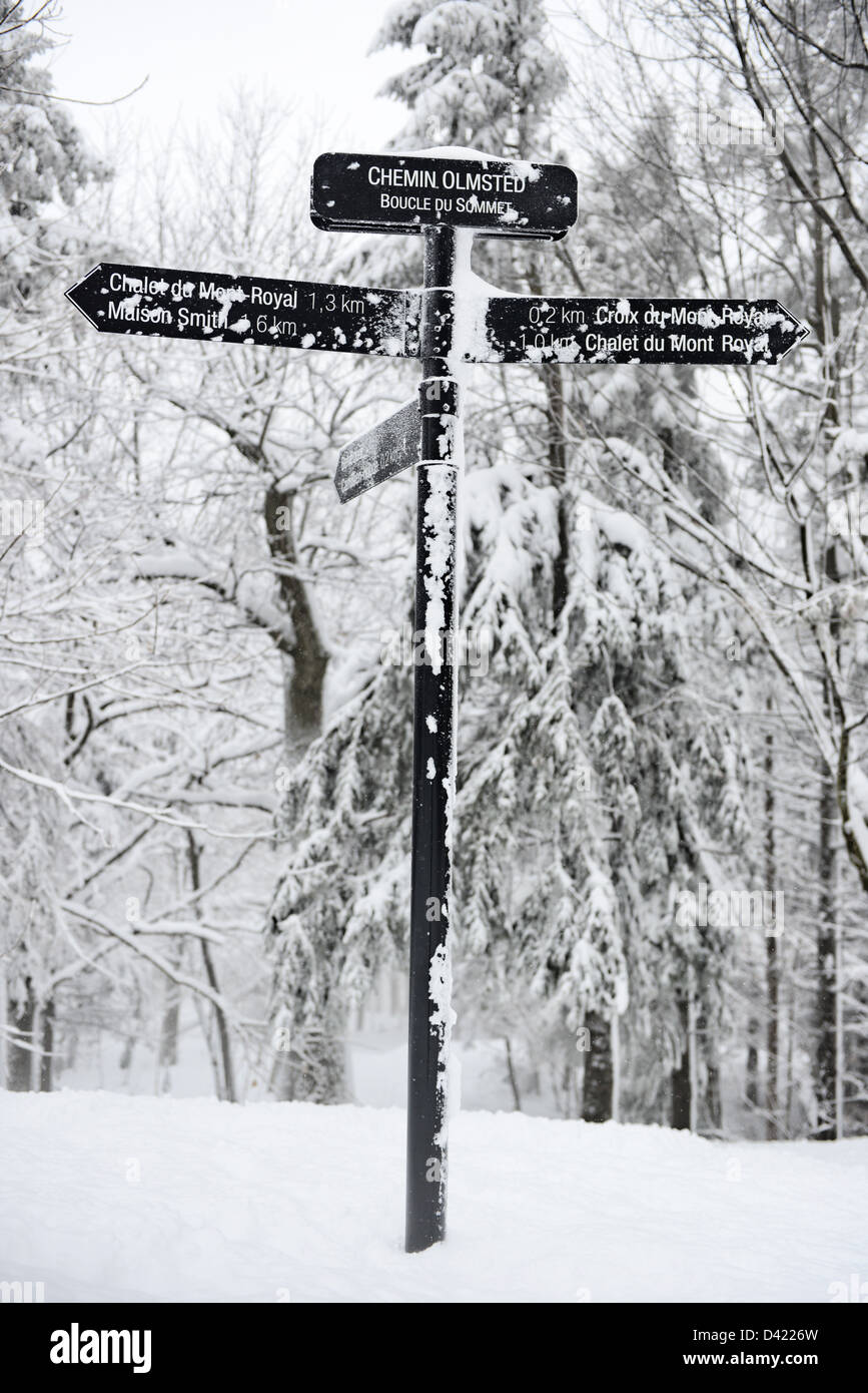 Snow covered sign post at Mont Royal Park in Winter, Parc du Mont Royal, Montreal, Quebec, Canada Stock Photo