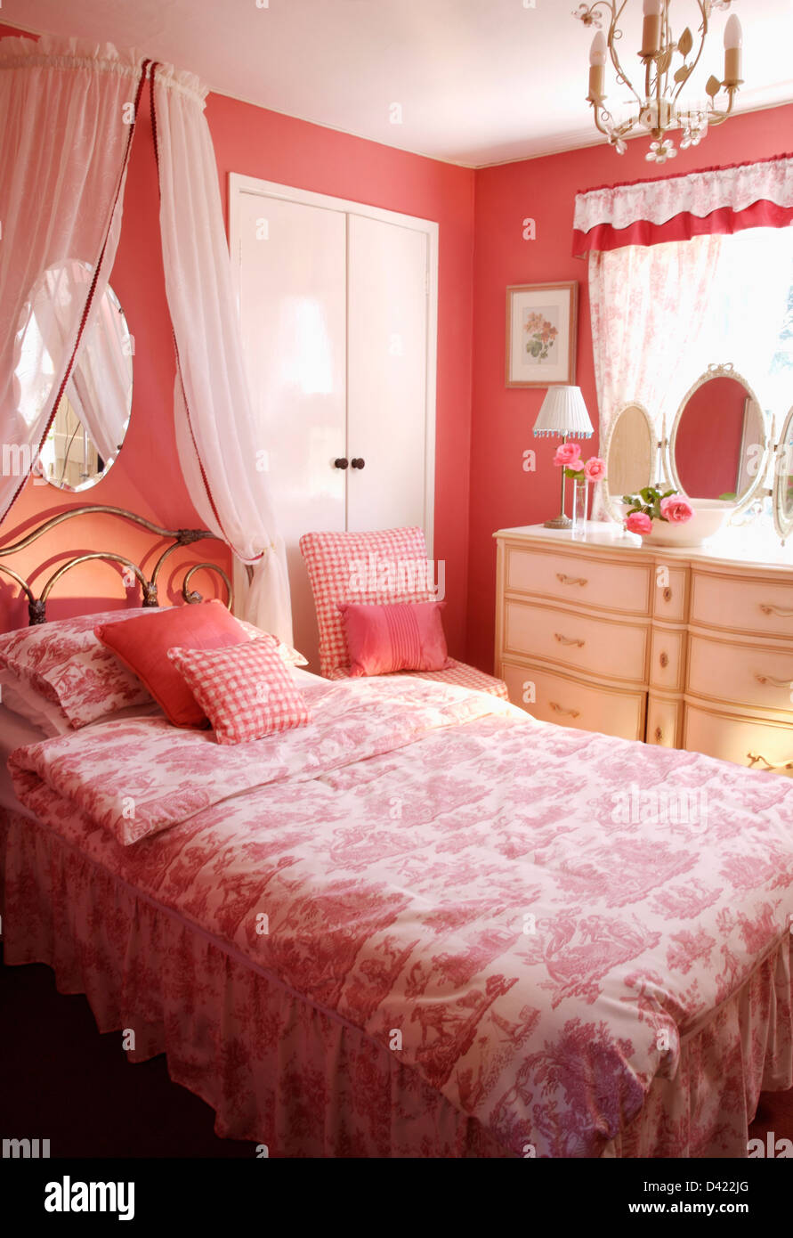 White Voile Drapes Above Bed With Pink Toile De Jouy Duvet And