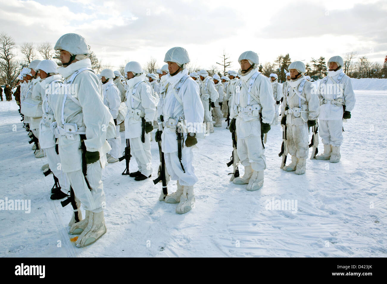 Soldiers with the Japan Ground Self-Defense Force stand in formation during winter exercises at the Hokkaido-Dai Maneuver Area February 26, 2013 in Hokkaido prefecture, Japan. The exercises are a joint training operation with Japan and the US under winter conditions. Stock Photo