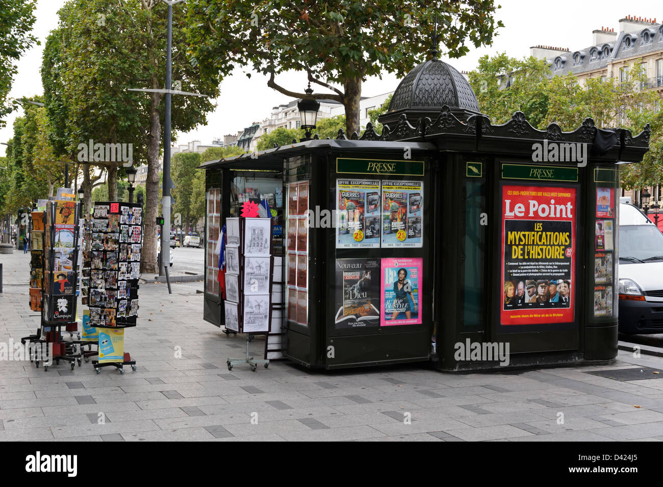 Newspaper Kiosk selling Newspaper and Touristic Items, Champs Elysees, Paris, France. Stock Photo