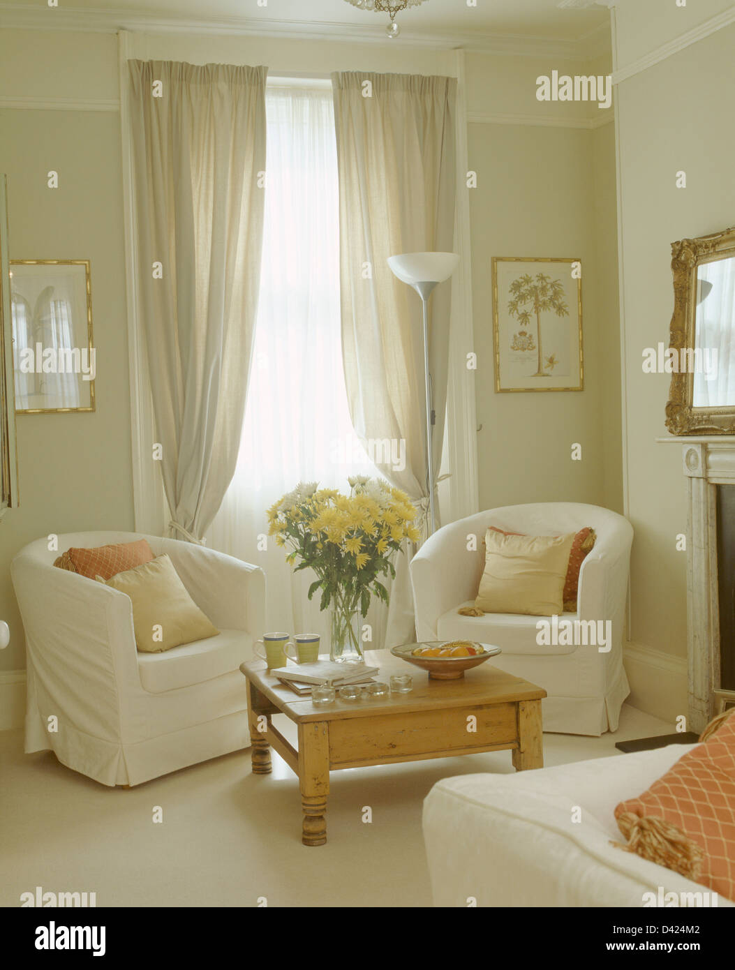 White loosecovers on tub chairs in front of window with pale gray and