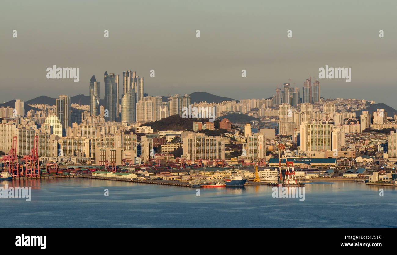 Busan Metropolitan City panorama view from Busan Tower at Yongdusan Park Stock Photo