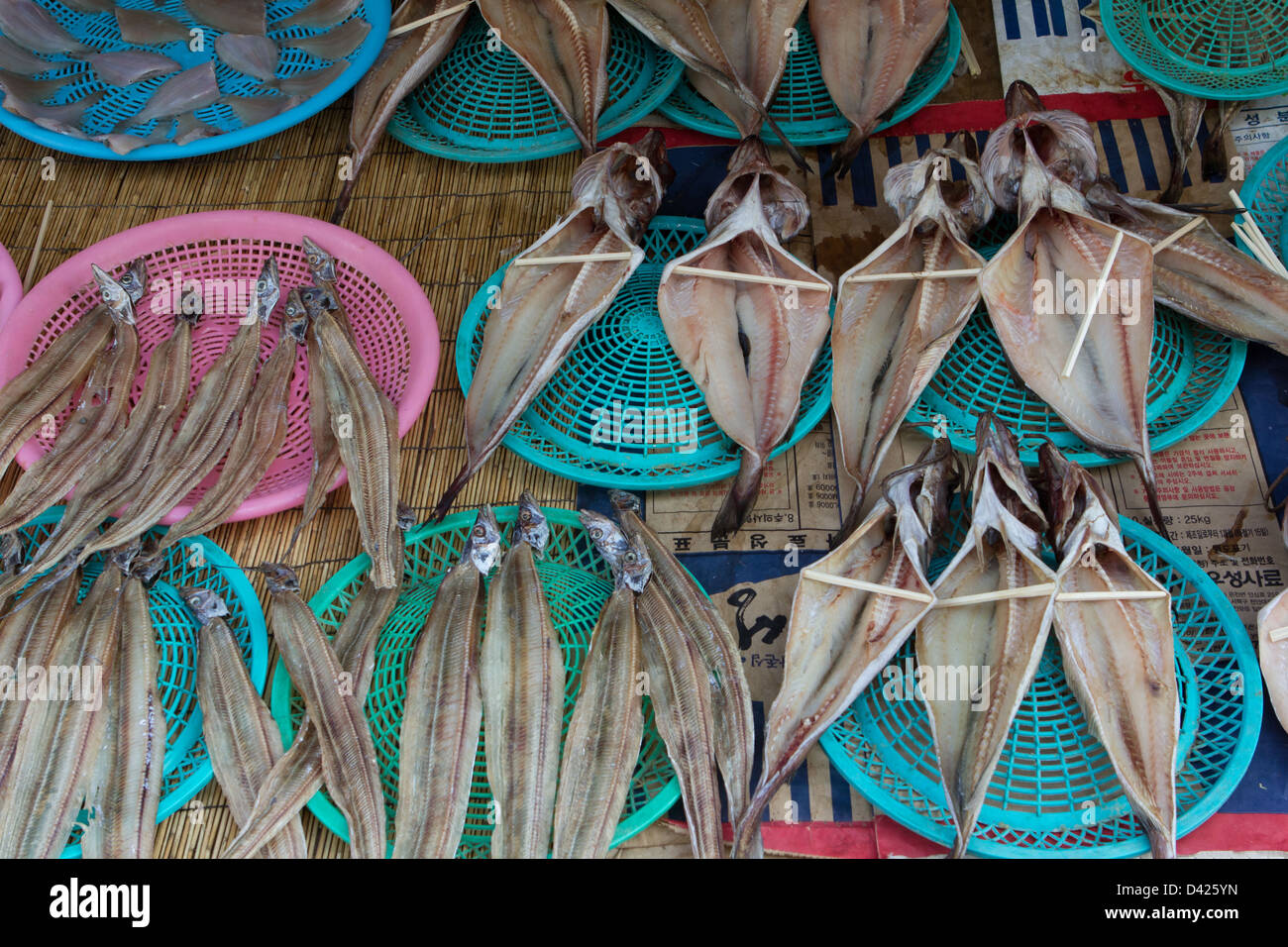 Dried fishes at Jagalchi fish market Stock Photo