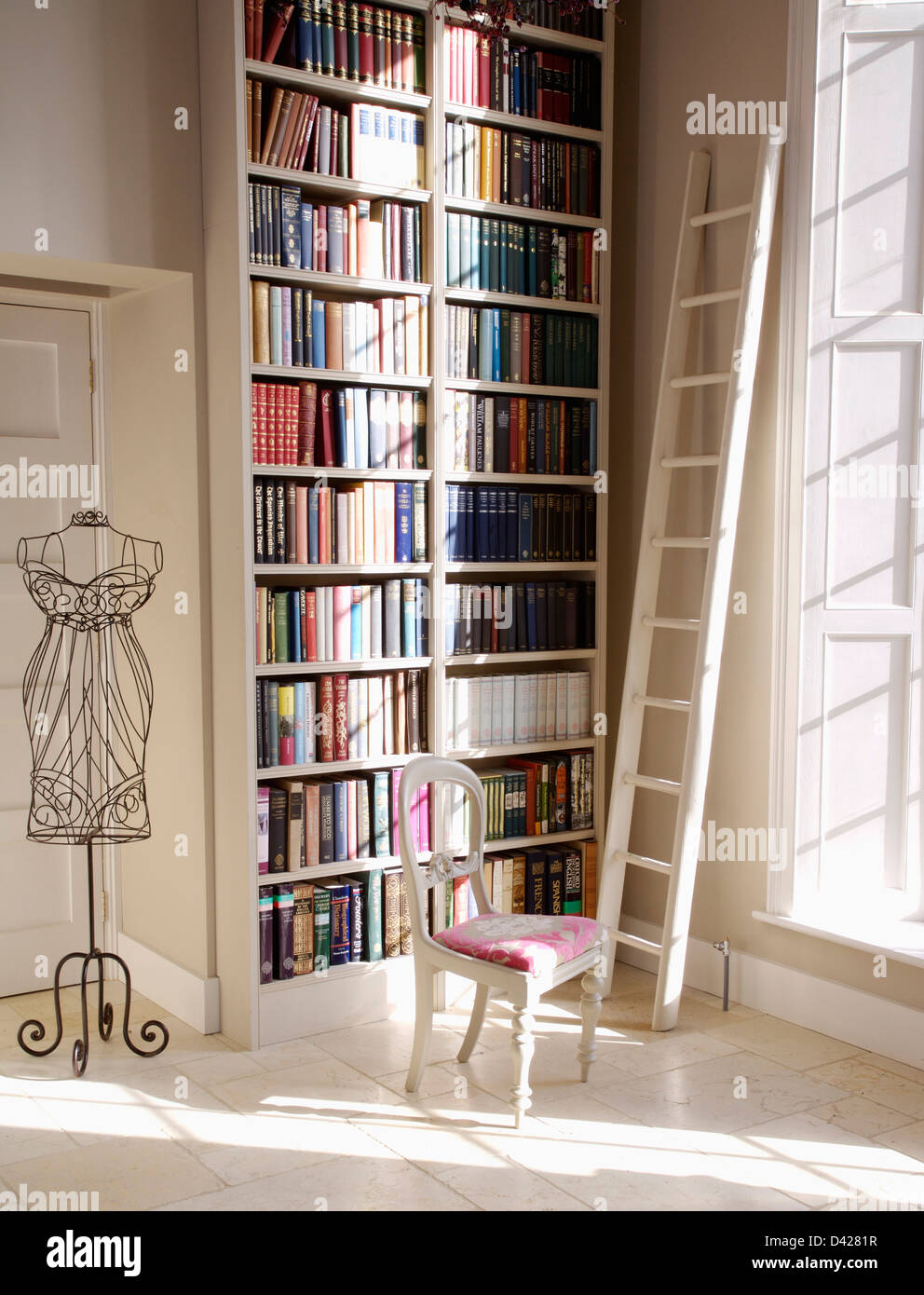 White Ladder Beside Floor To Ceiling Bookshelves In Hall With