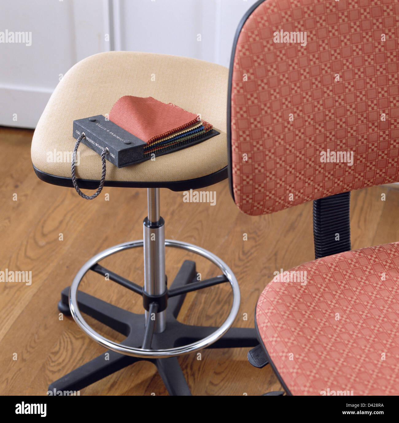 Close Up Of Beige And Patterned Swivel Office Chairs Stock Photo Alamy