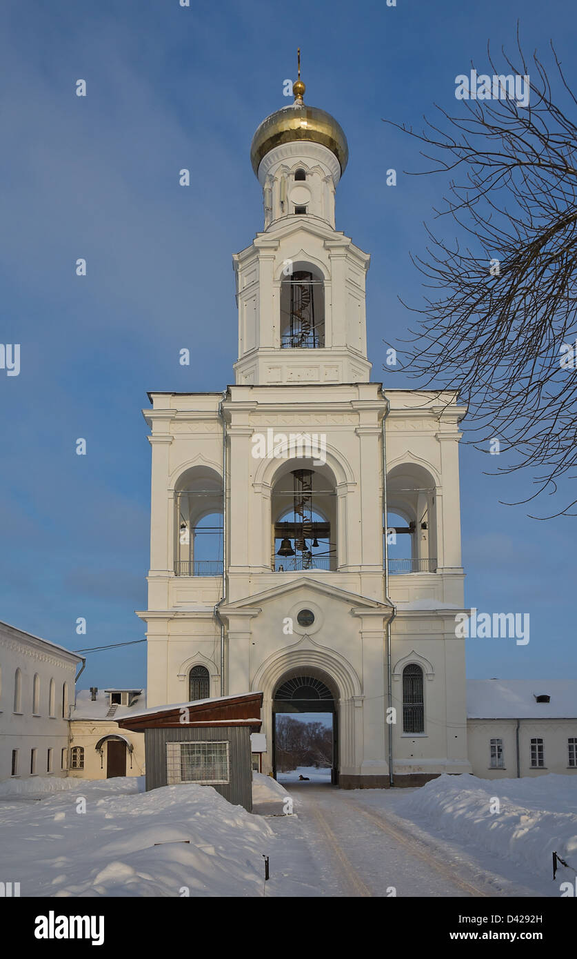 The belltower (1841) of St. George monastery. Novgorod the Great, Russia Stock Photo