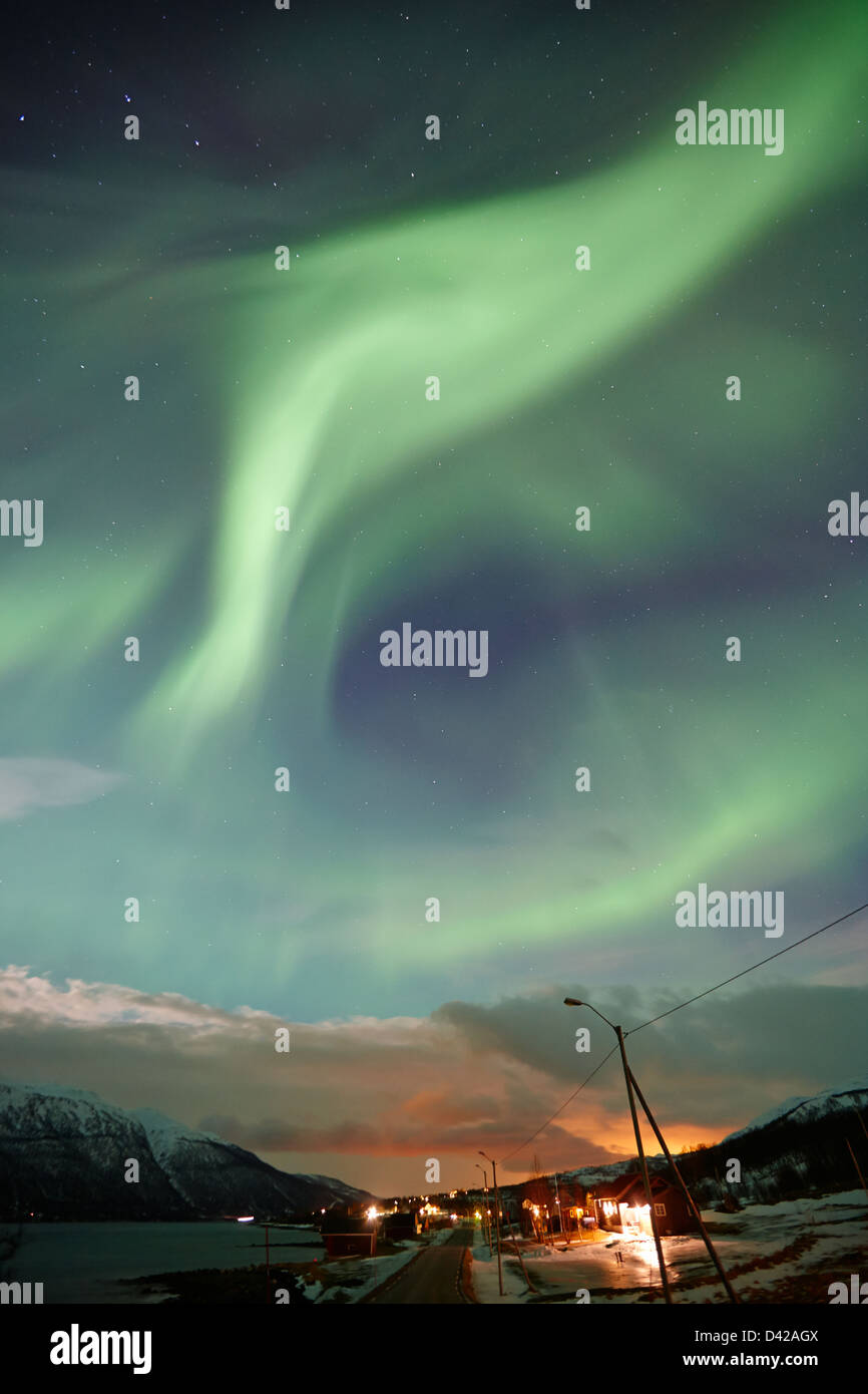 view of swirling northern lights aurora borealis near tromso in northern norway europe Stock Photo