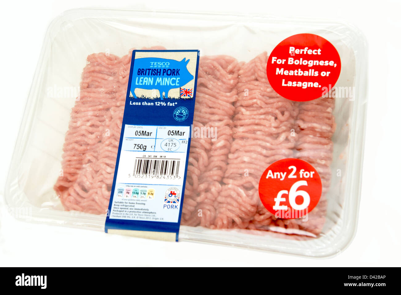 Tesco BRITISH pork lean mince healthy eating with the British logo & the little red tractor sign symbol on an offer of 2 for £6 Stock Photo