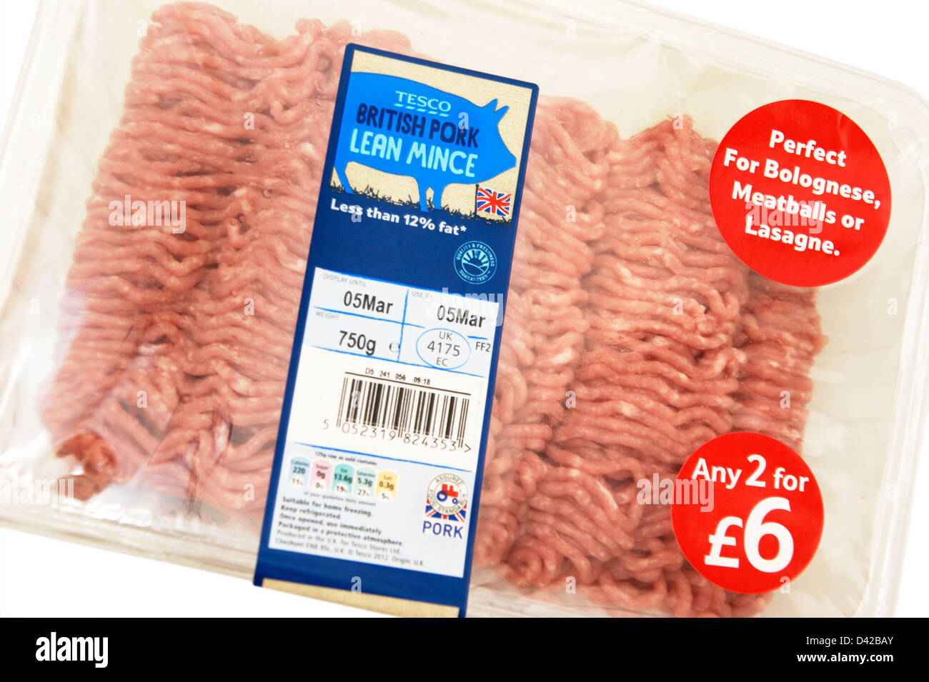 Tesco BRITISH pork lean mince healthy eating with the British logo & the little red tractor sign symbol on an offer of 2 for £6 Stock Photo