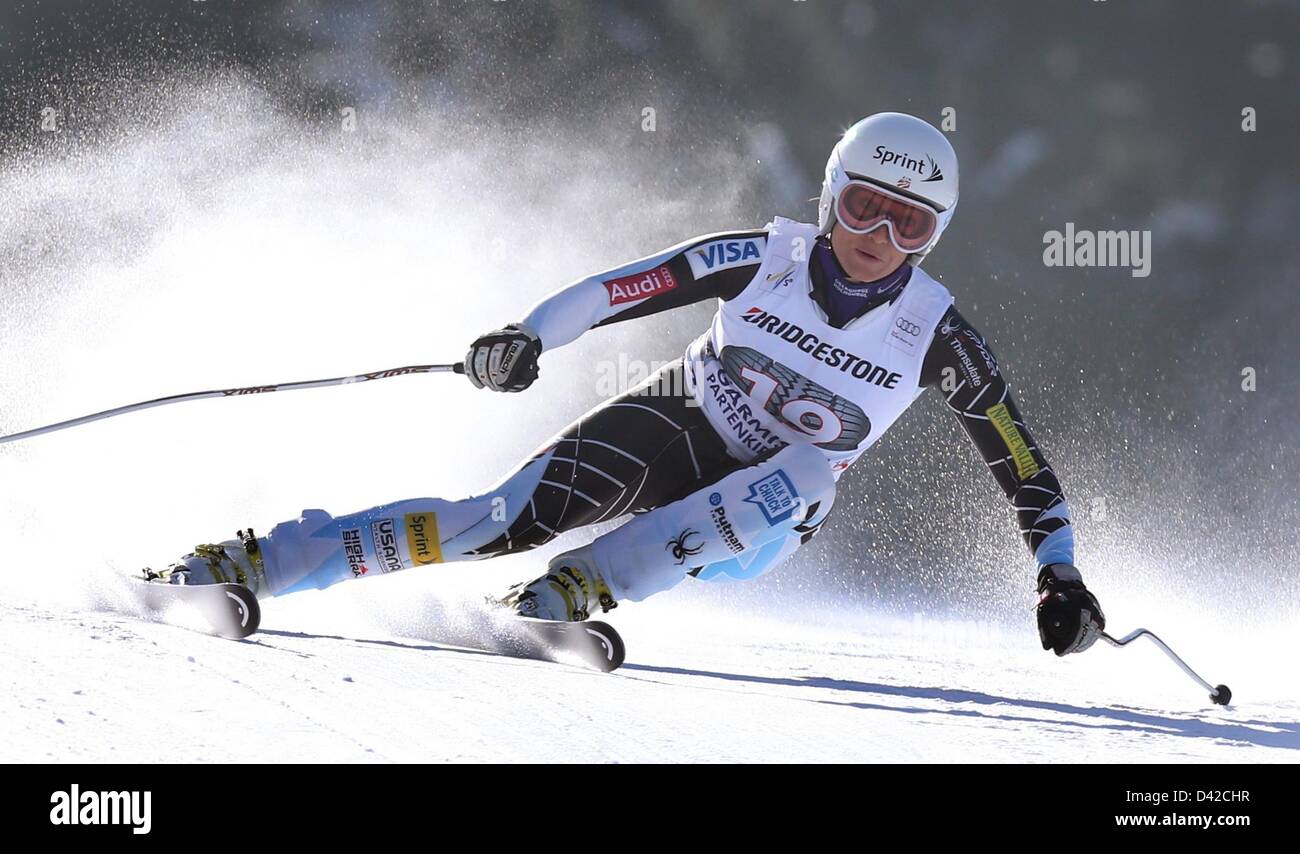 Julia Mancuso (USA) in action at the women's downhill race of the Alpine Skiing World Cup in Garmisch-Partenkirchen. Photo: KARL-JOSEF HILDENBRAND Stock Photo