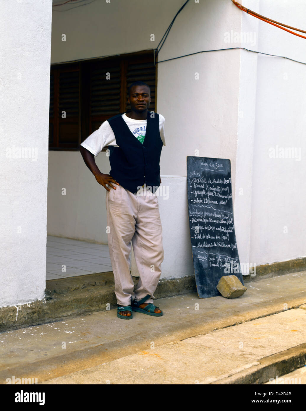 Kribi Cameroon Head Waiter Outside His Restaurant Stock Photo