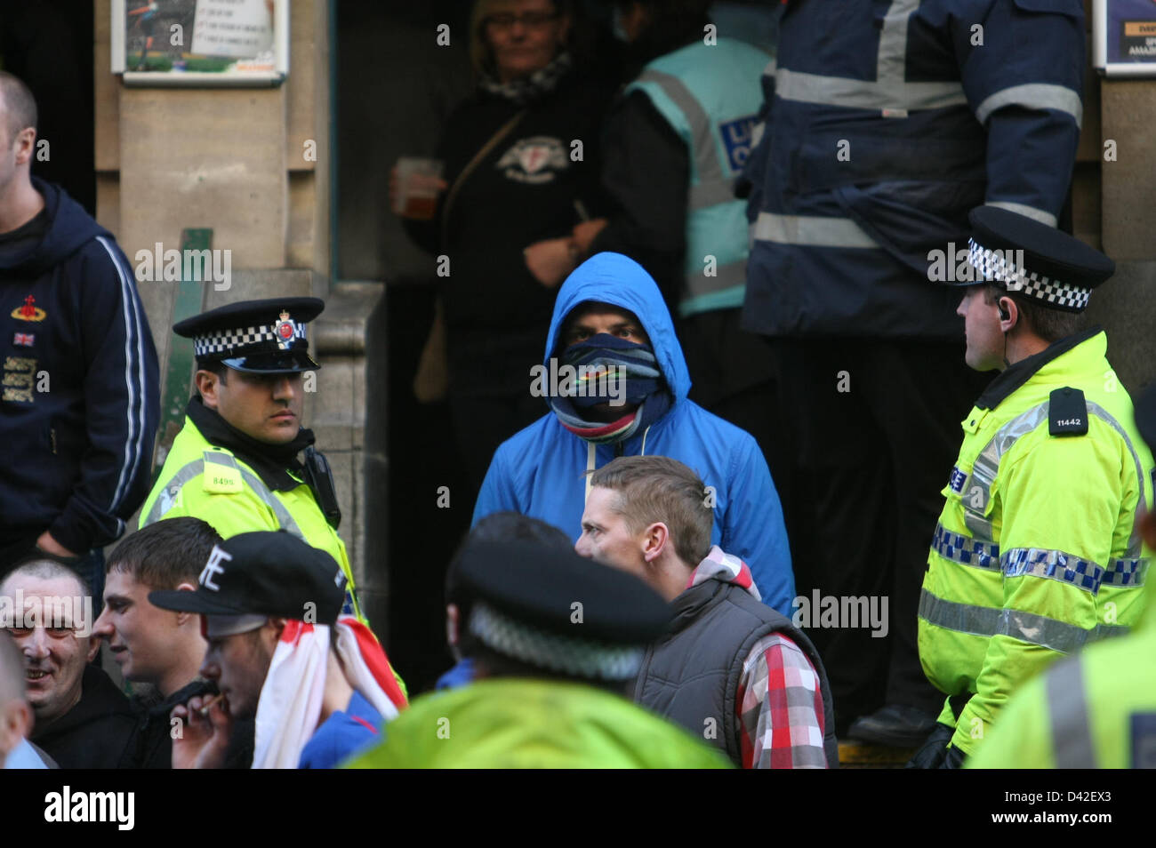 Manchester, UK 2nd March 2013, English Defence League Members at the 'Walkabout' bar before being bused to Quay Street to march to a rally held in Manchester's Albert Square. Credit: Martyn Wheatley/Alamy Live News Stock Photo