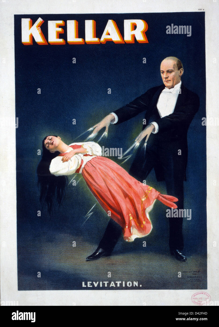 A poster showing Kellar the magician making a woman levitate Stock