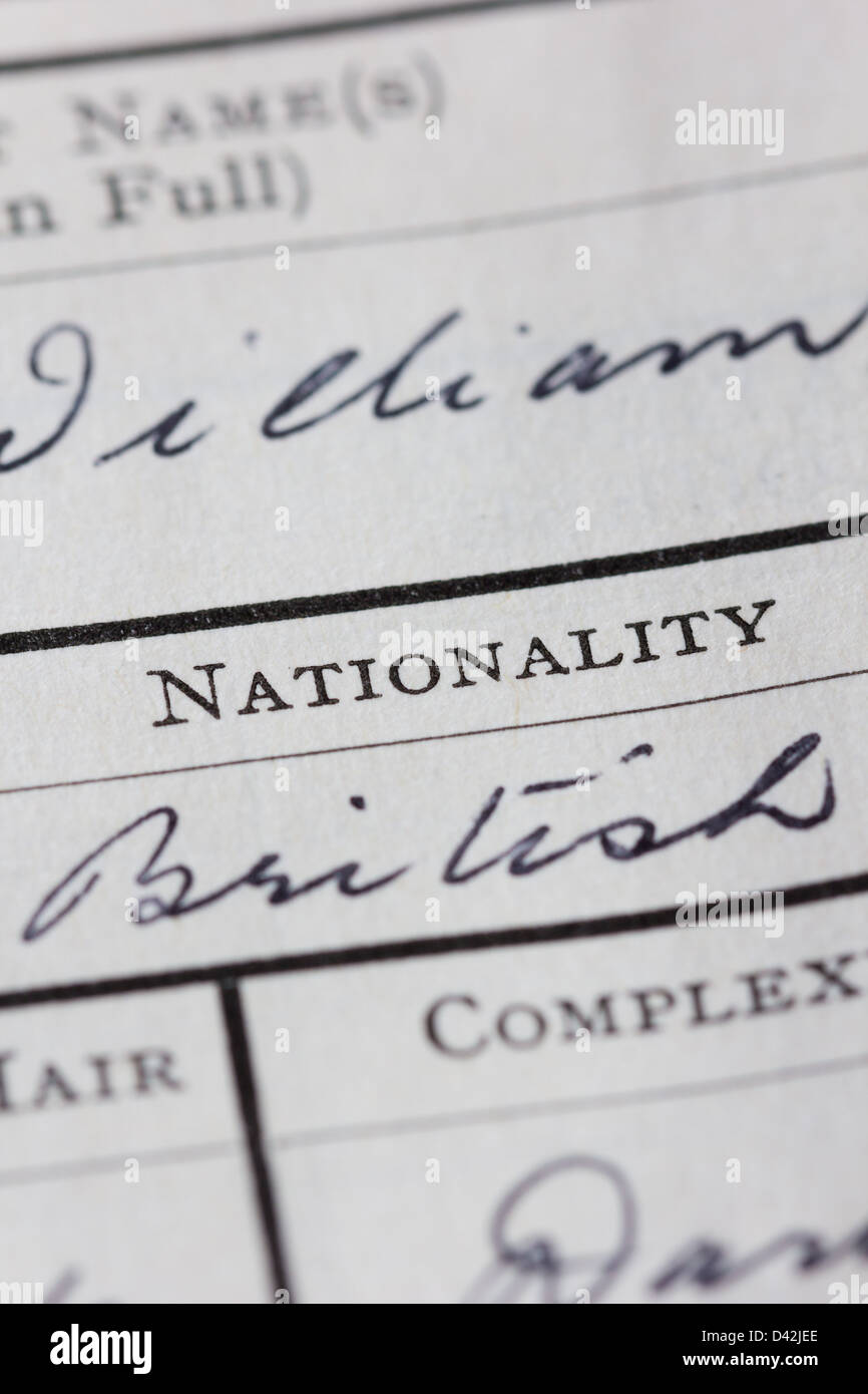 Nationality documents indicating British subject. Stock Photo