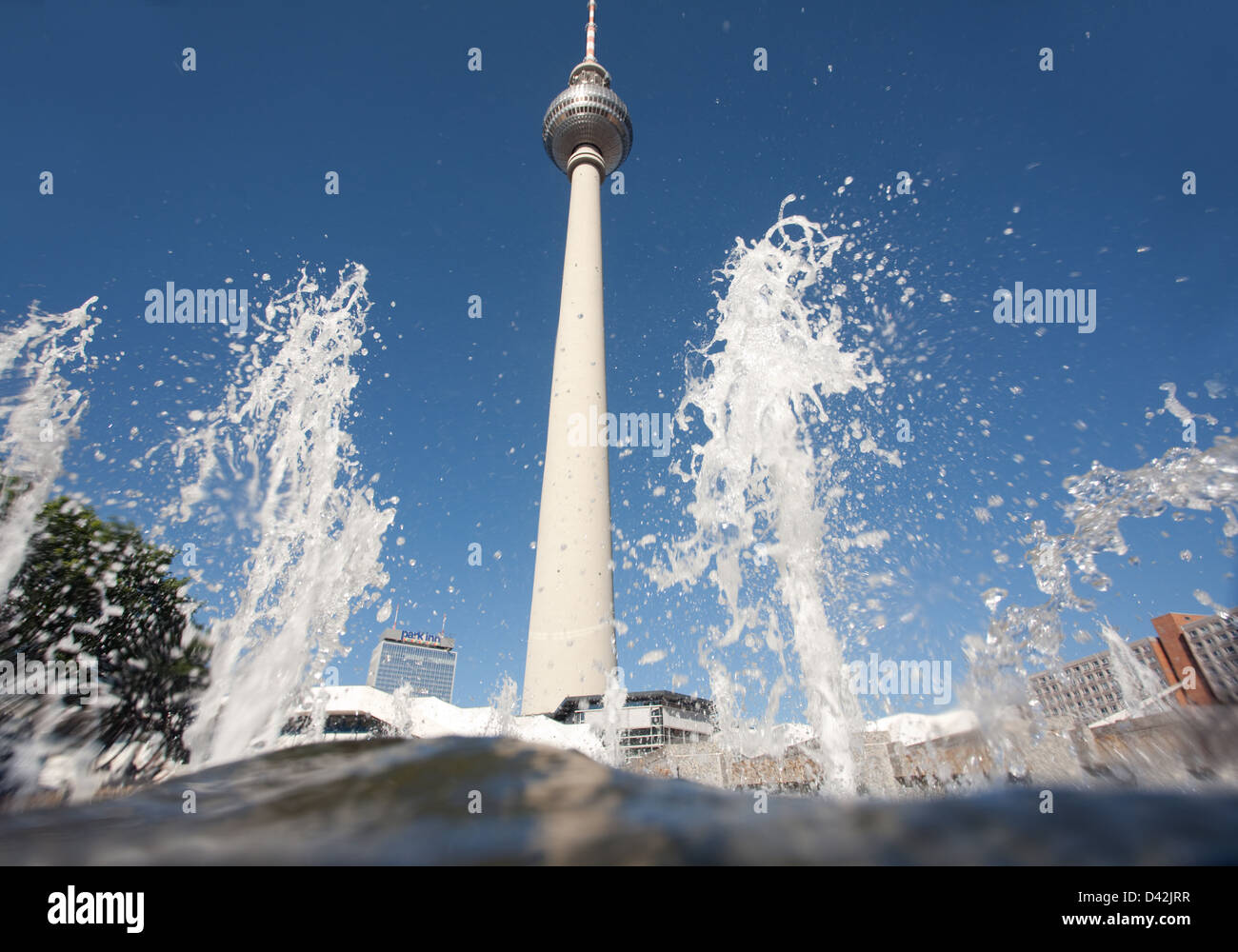 Berlin, Germany, the cascade fountain water with the TV tower Stock Photo