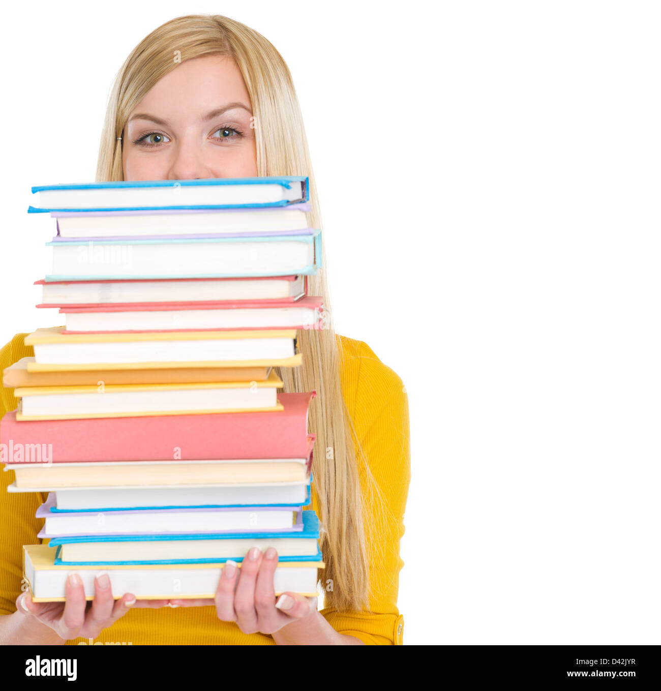 Student girl holding stack of books Stock Photo - Alamy