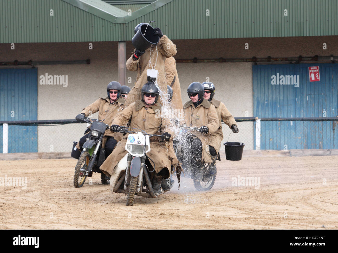 Humourous motorcycle stunt team the Purple Helmets perform at the Dublin Motorbike and Scooter
