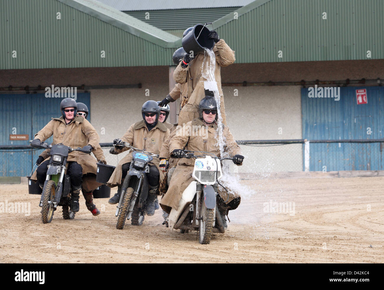 Humourous motorcycle stunt team the Purple Helmets perform at the Dublin Motorbike and Scooter