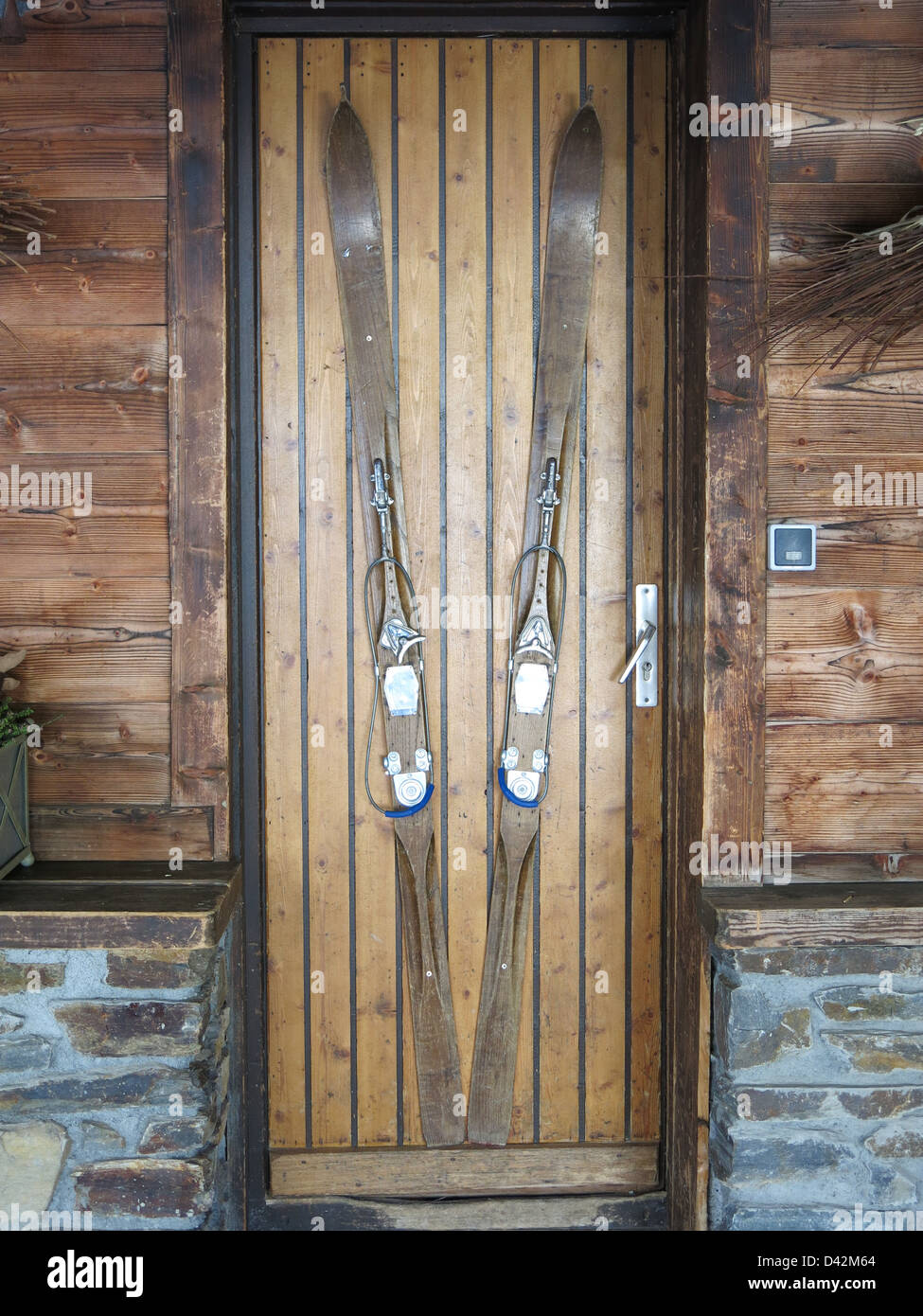 Old Fashioned Skis in Les Grands Montets, Argentiere. Chamonix Valley, The Alps, France. Stock Photo
