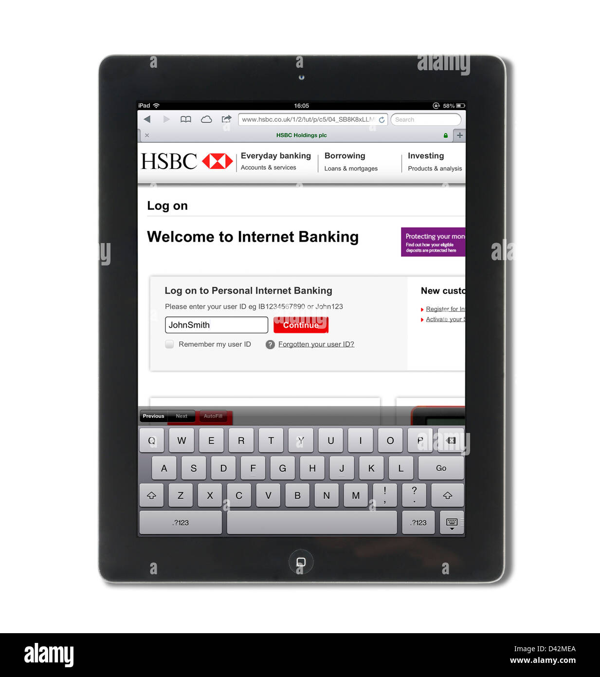 Logging onto an HSBC bank account on an iPad 4, UK Stock Photo