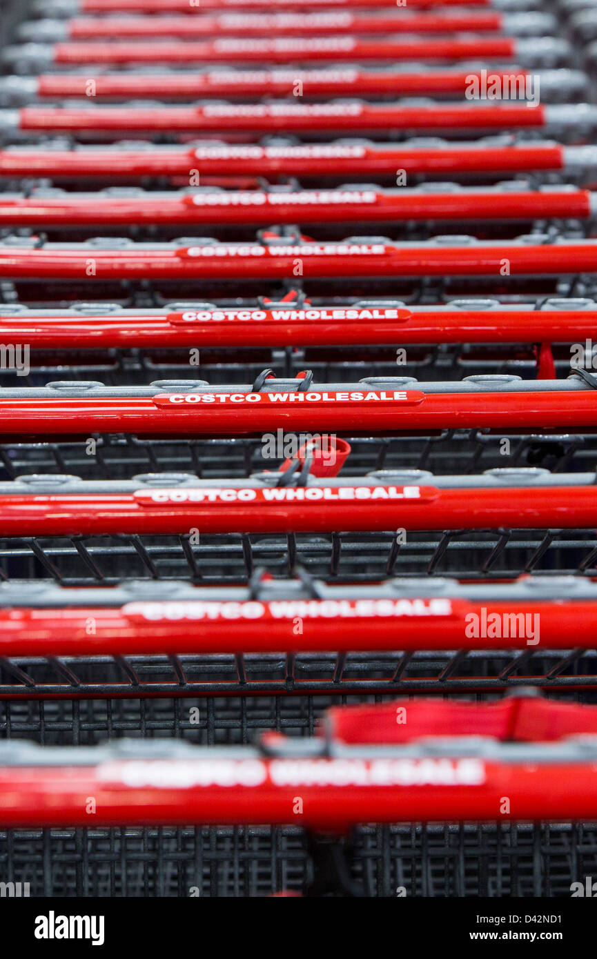 Shopping carts at a Costco Wholesale Warehouse Club. Stock Photo