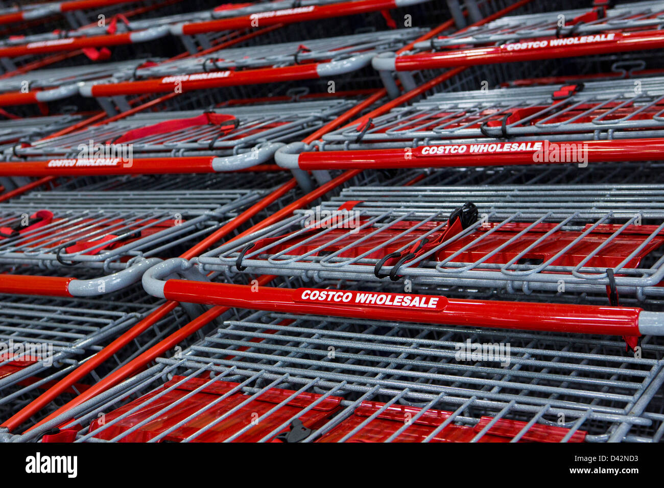 Shopping carts at a Costco Wholesale Warehouse Club. Stock Photo