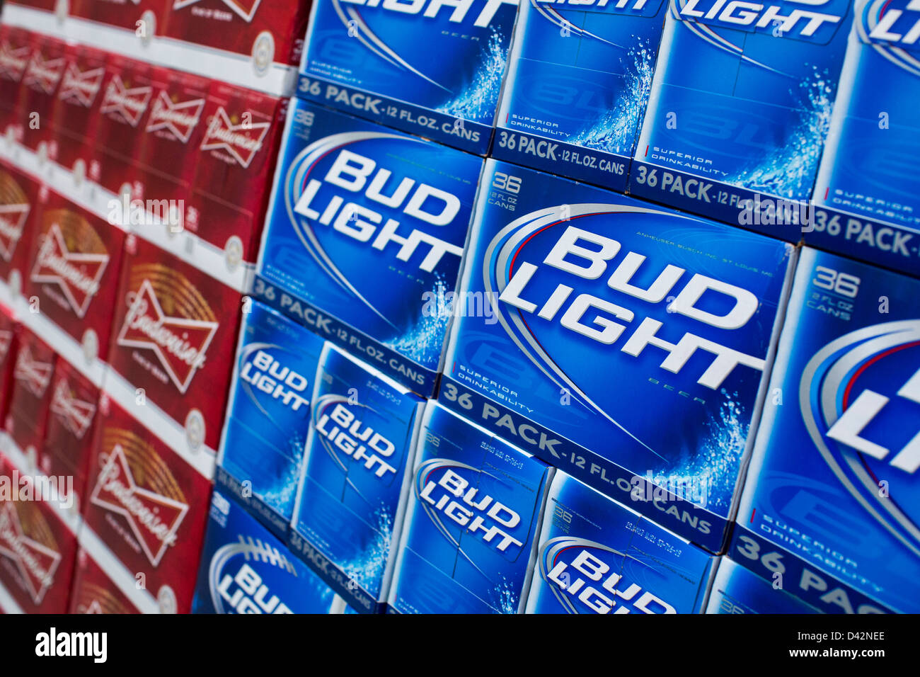 Budweiser and Bud Light beer on display at a Costco Wholesale Warehouse Club. Stock Photo